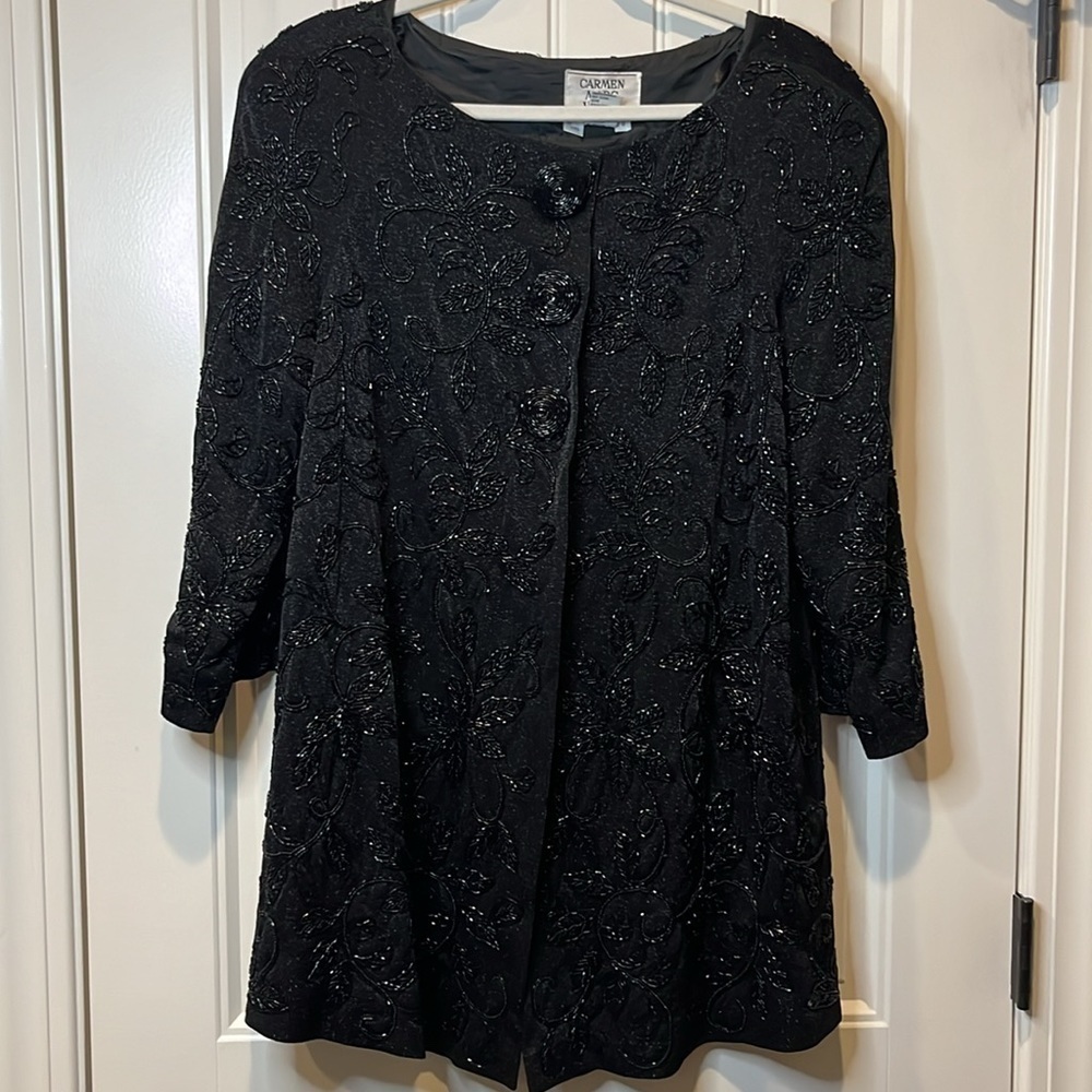Carmen Marc Valvo black beaded vintage evening jacket blazer 3/4 sleeve size 8
